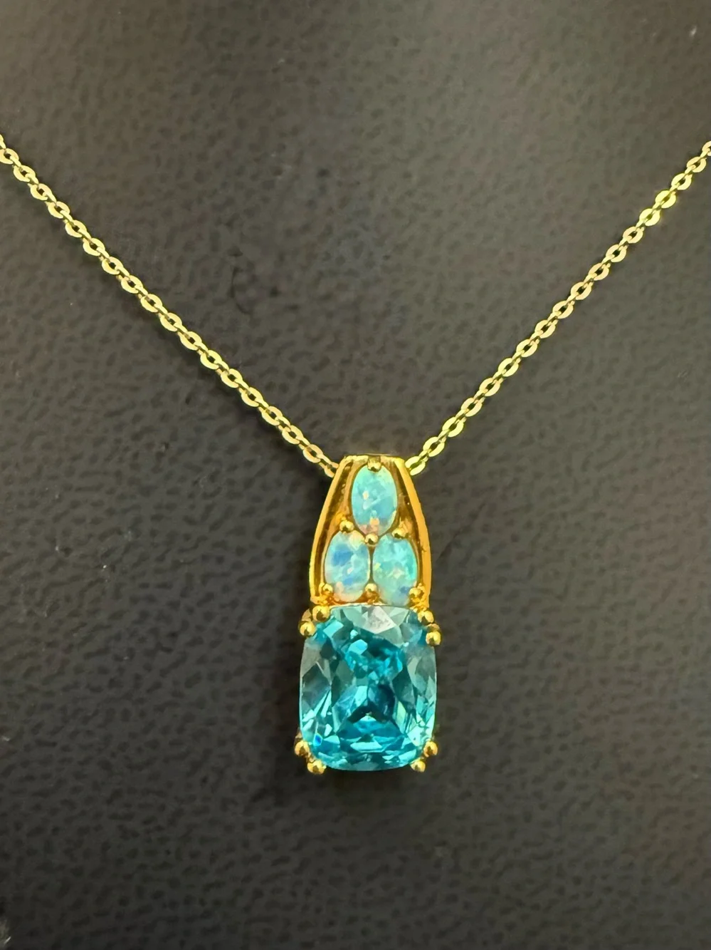 925 Sterling Gold Vermeil Cushion Cut Blue Topaz Gemstone Opal Pendant Necklace